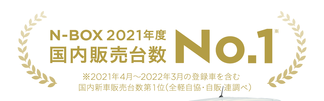 N-BOX 2021年度国内販売台数No.1 ※2021年4月〜2023年3月の登録車を含む国内販売台数第1位（全軽自協・自販連調べ）