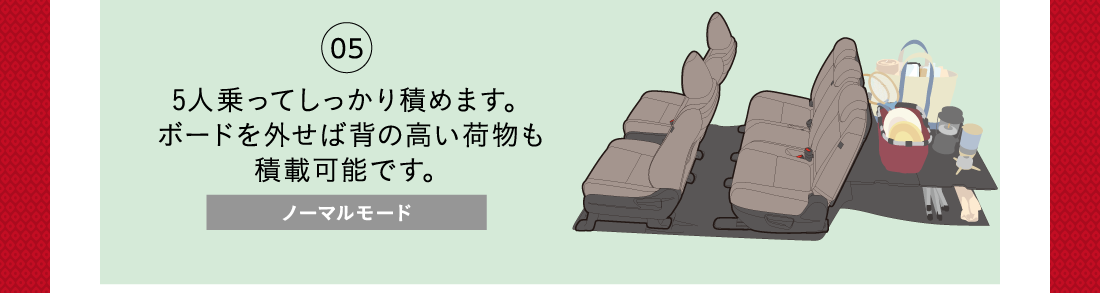 055人乗ってしっかり積めます。ボードを外せば背の高い荷物も積載可能です。ノーマルモード