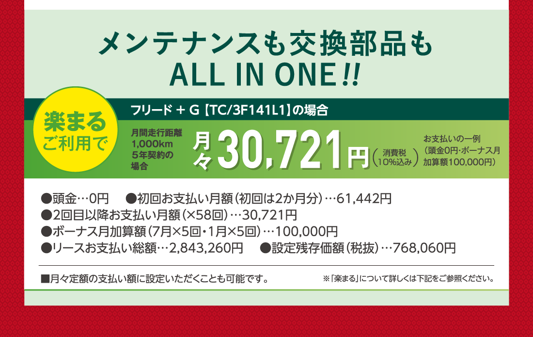 メンテナンスも交換部品もALLINONE!!楽まるご利用でフリード ＋ G 【TC/3F141L1】の場合月間走行距離1,000km５年契約の場合月々30,721円消費税10%込みお支払いの一例（頭金0円・ボーナス月加算額100,000円）●頭金…0円 　●初回お支払い月額（初回は2か月分）…61,442円●2回目以降お支払い月額（×58回）…30,721円●ボーナス月加算額（7月×5回・1月×5回）…100,000円●リースお支払い総額…2,843,260円 　●設定残存価額（税抜）…768,060円■月々定額の支払い額に設定いただくことも可能です。※「楽まる」について詳しくは下記をご参照ください。