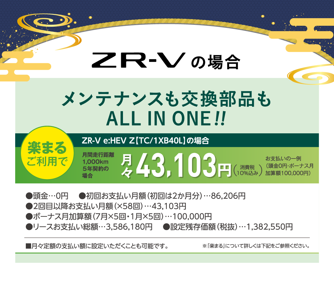  ZR-Vの場合メンテナンスも交換部品もALLINONE!!楽まるご利用でZR-V e:HEV Z【TC/1XB40L】の場合月間走行距離1,000km５年契約の場合月々43,103円消費税10%込みお支払いの一例（頭金0円・ボーナス月加算額100,000円）●頭金…0円 　●初回お支払い月額（初回は2か月分）…86,206円●2回目以降お支払い月額（×58回）…43,103円●ボーナス月加算額（7月×5回・1月×5回）…100,000円●リースお支払い総額…3,586,180円 　●設定残存価額（税抜）…1,382,550円■月々定額の支払い額に設定いただくことも可能です。※「楽まる」について詳しくは下記をご参照ください。