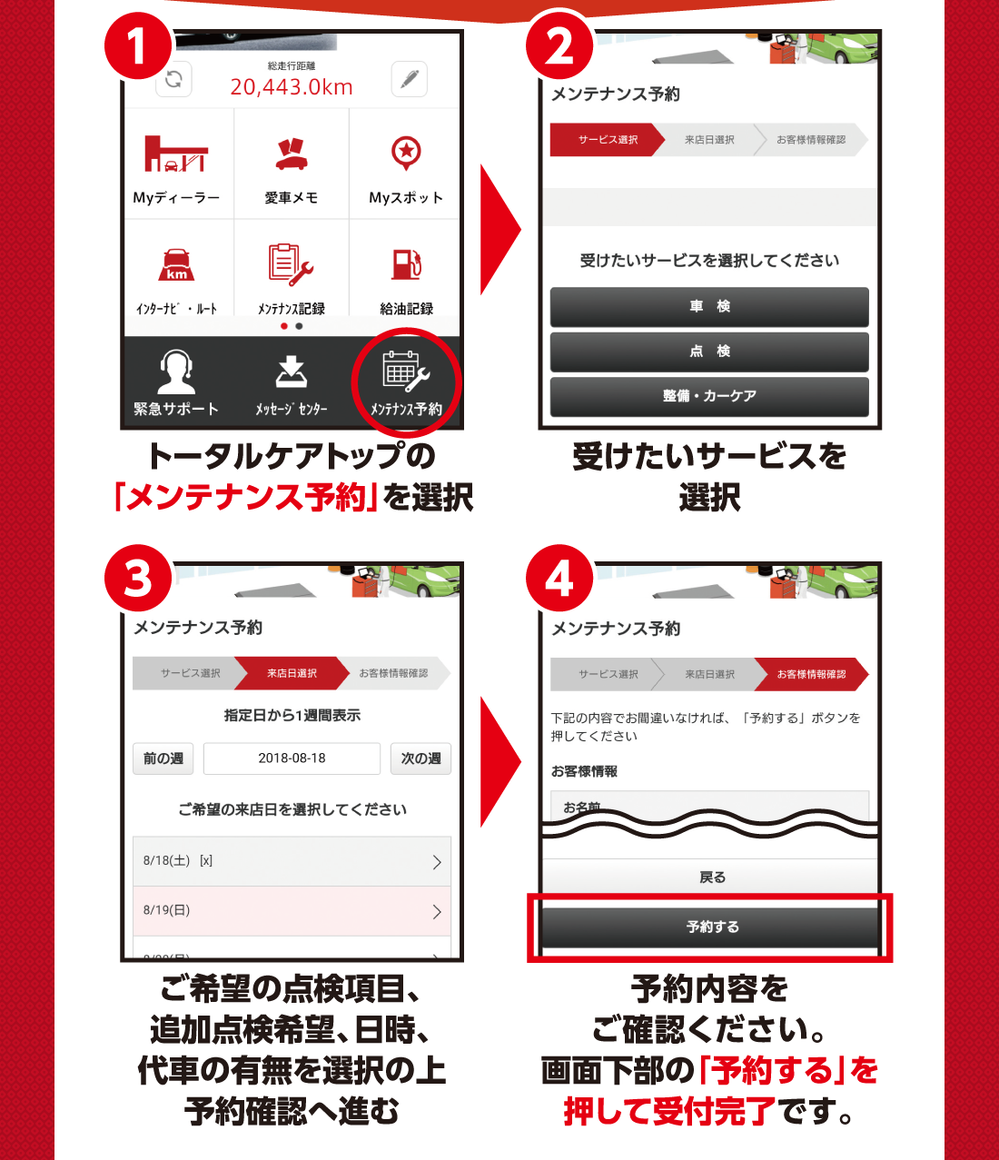 1トータルケアトップの「メンテナンス予約」を選択→2受けたいサービスを選択→3ご希望の点検項目、追加点検希望、日時、代車の有無を選択の上予約確認へ進む→4予約内容をご確認ください。画面下部の「予約する」を押して受付完了です。